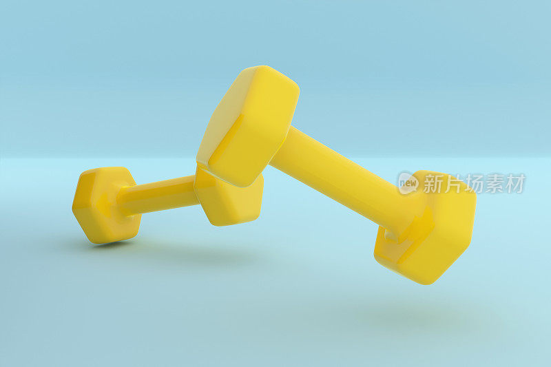 金属和橡胶黄色哑铃对健身器材蓝色背景- 3D插图
